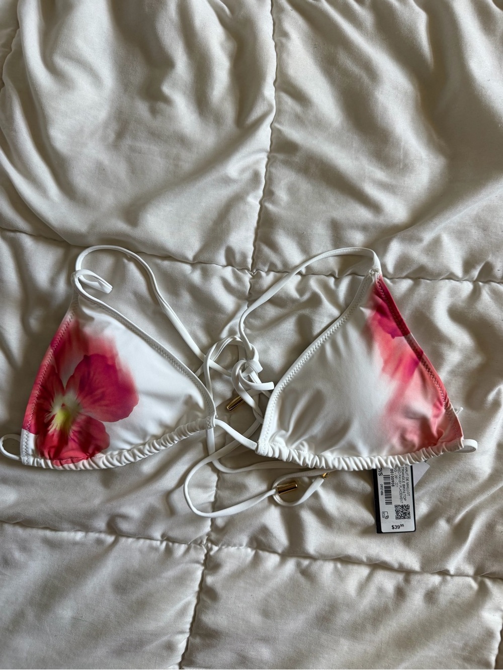 Garage White Triangle Bikini Top with Pink Floral Print